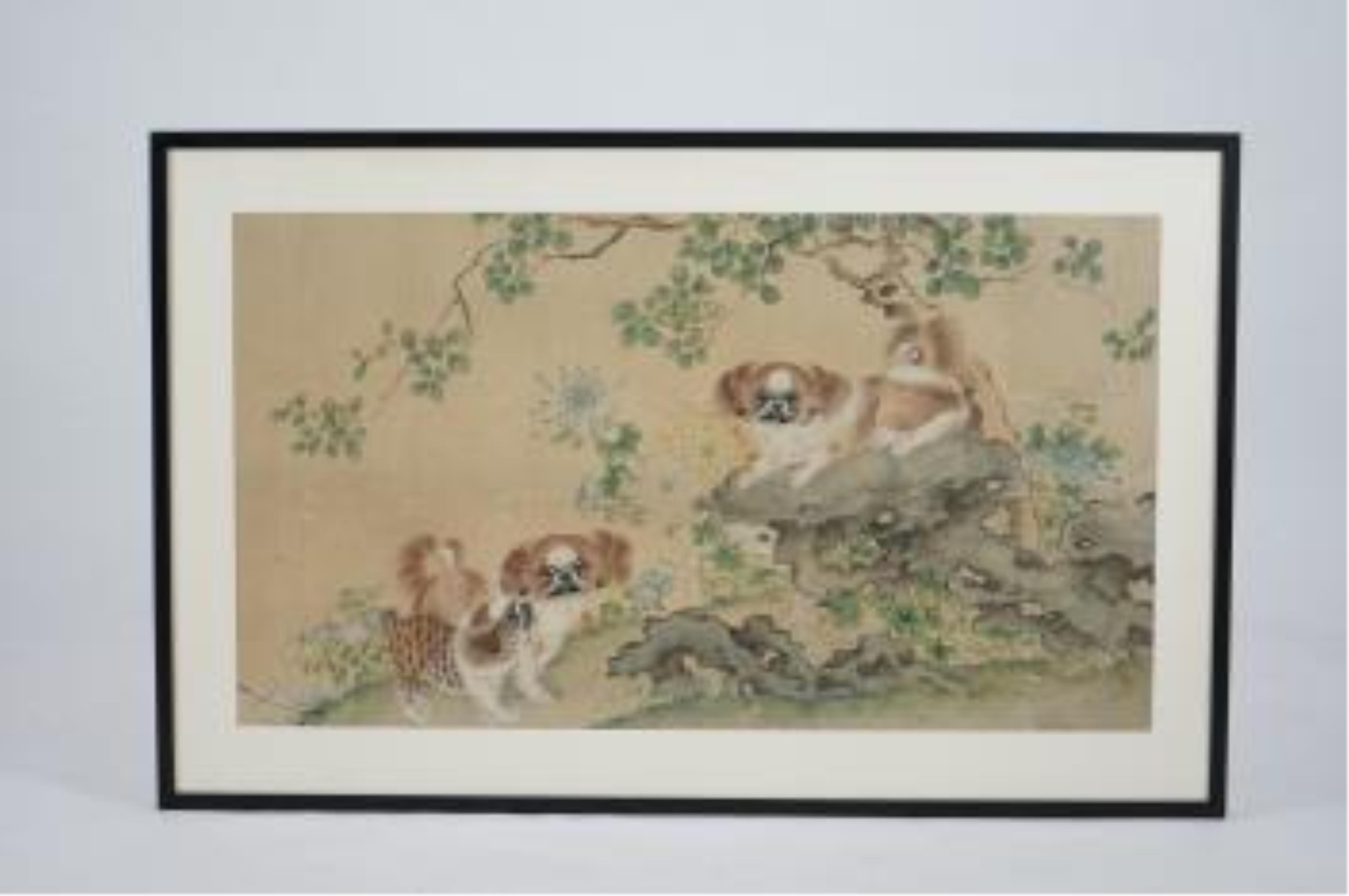 Late 19th/early 20th century, Chinese school, ink and colour on paper, Chi dogs in a rockwork garden, unsigned, 59 x 105cm. Condition - poor